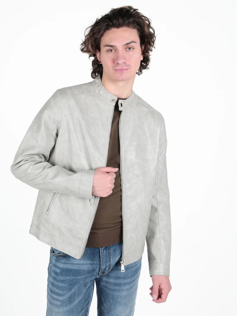 Giacca in ecopelle da uomo con zip - perla