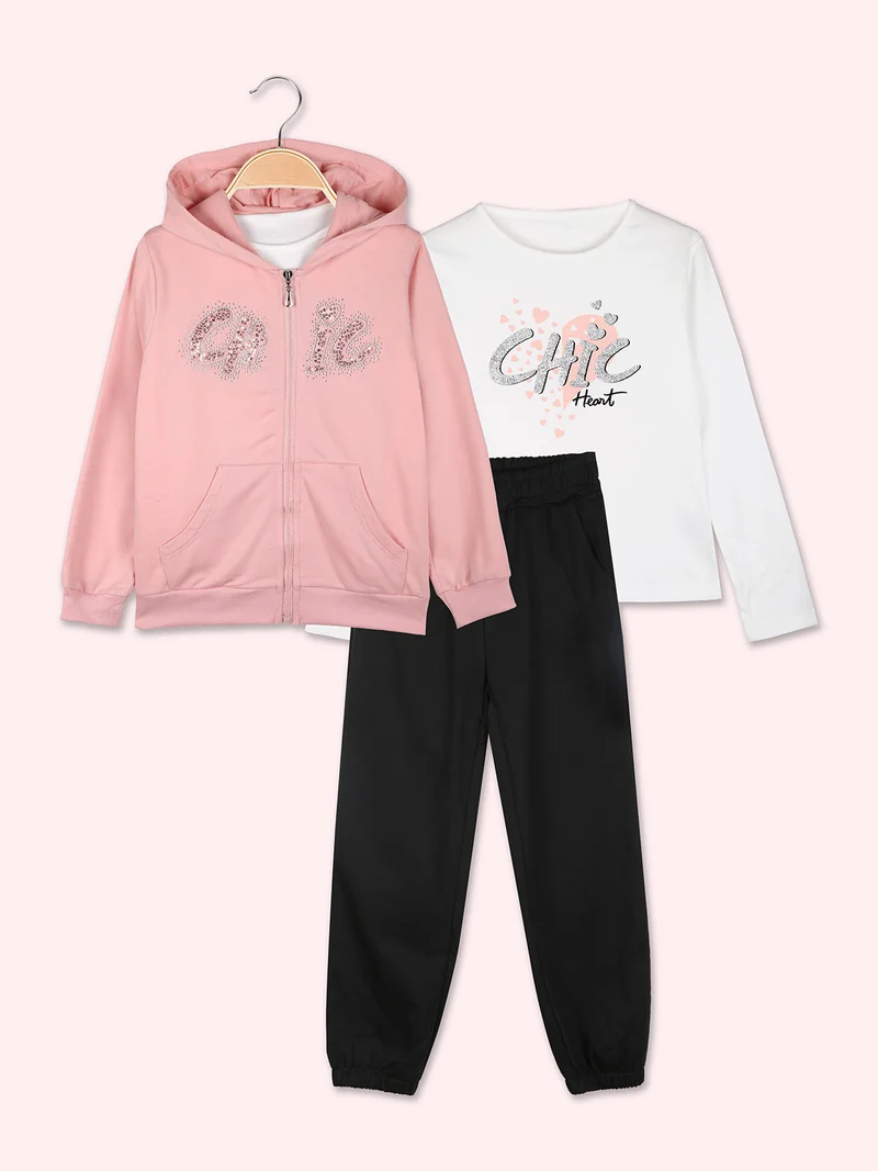 Completo tuta 3 pezzi da bambina con cappuccio e zip - corallo