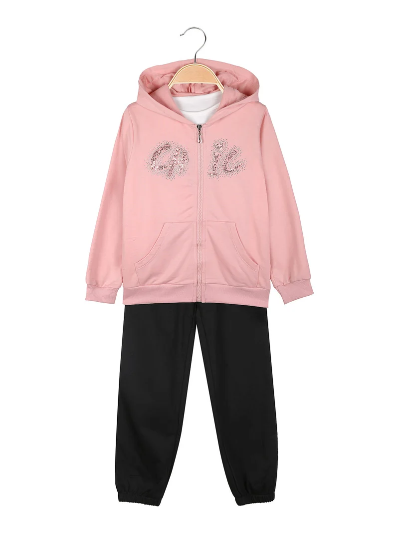 Completo tuta 3 pezzi da bambina con cappuccio e zip - corallo