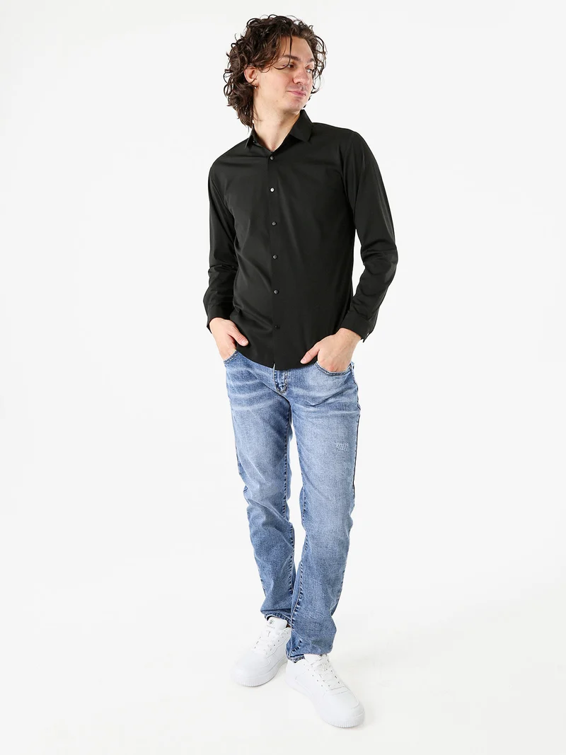 Camicia da uomo elasticizzata a maniche lunghe - nero
