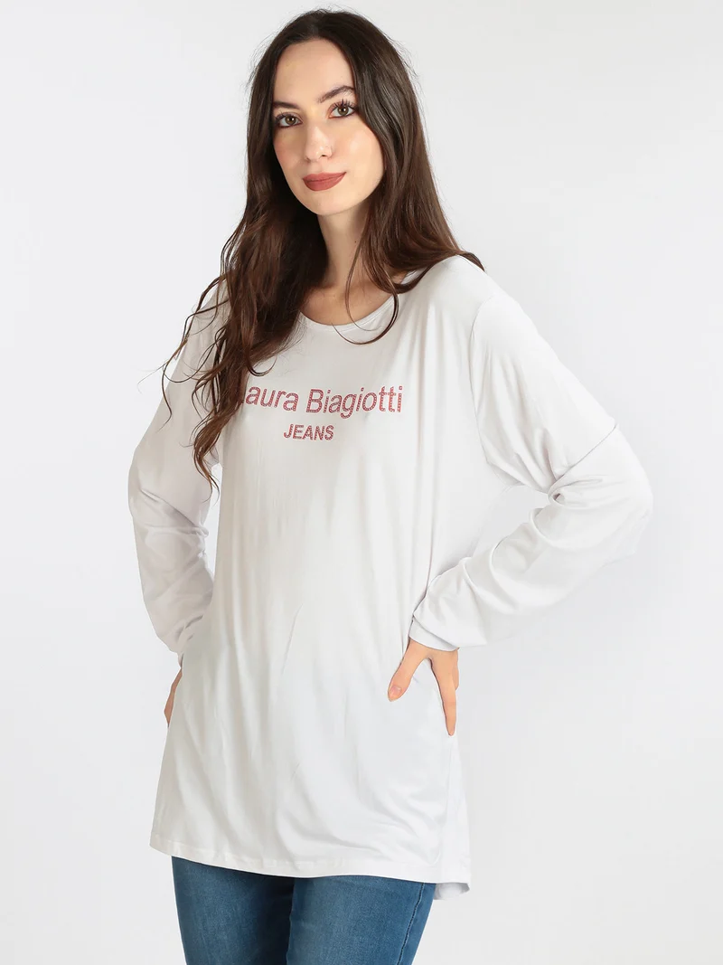 T-shirt da donna lunga con strass - bianco