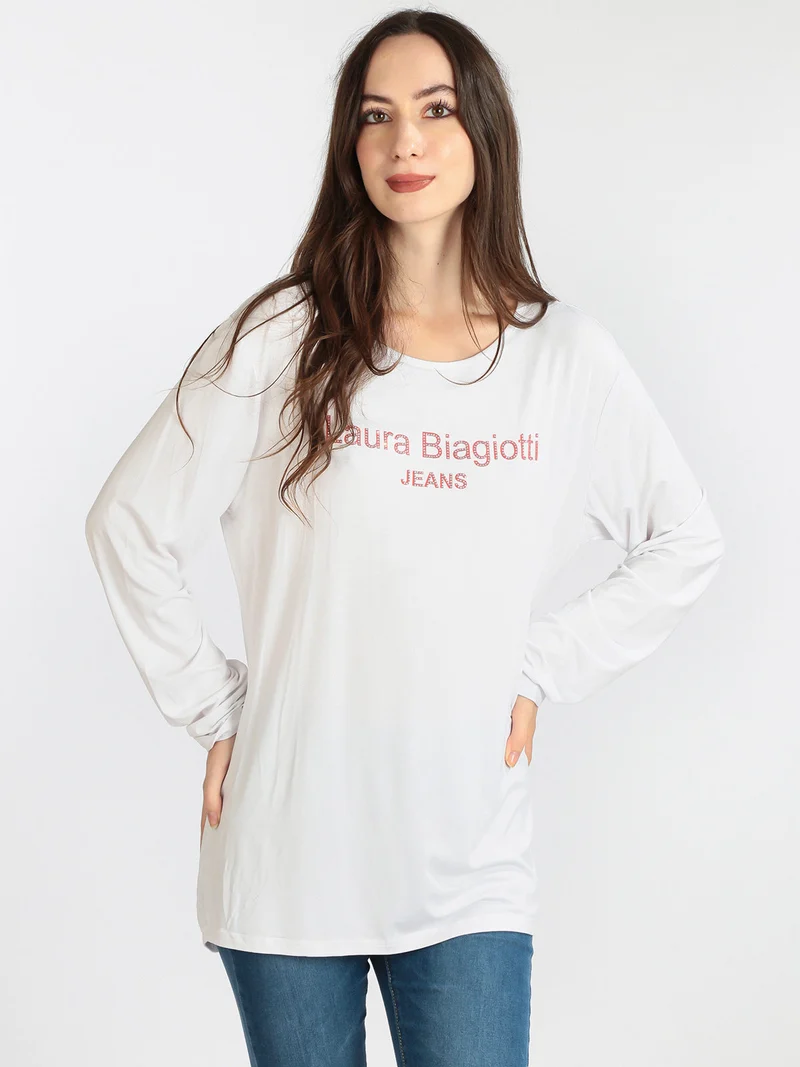 T-shirt da donna lunga con strass - bianco