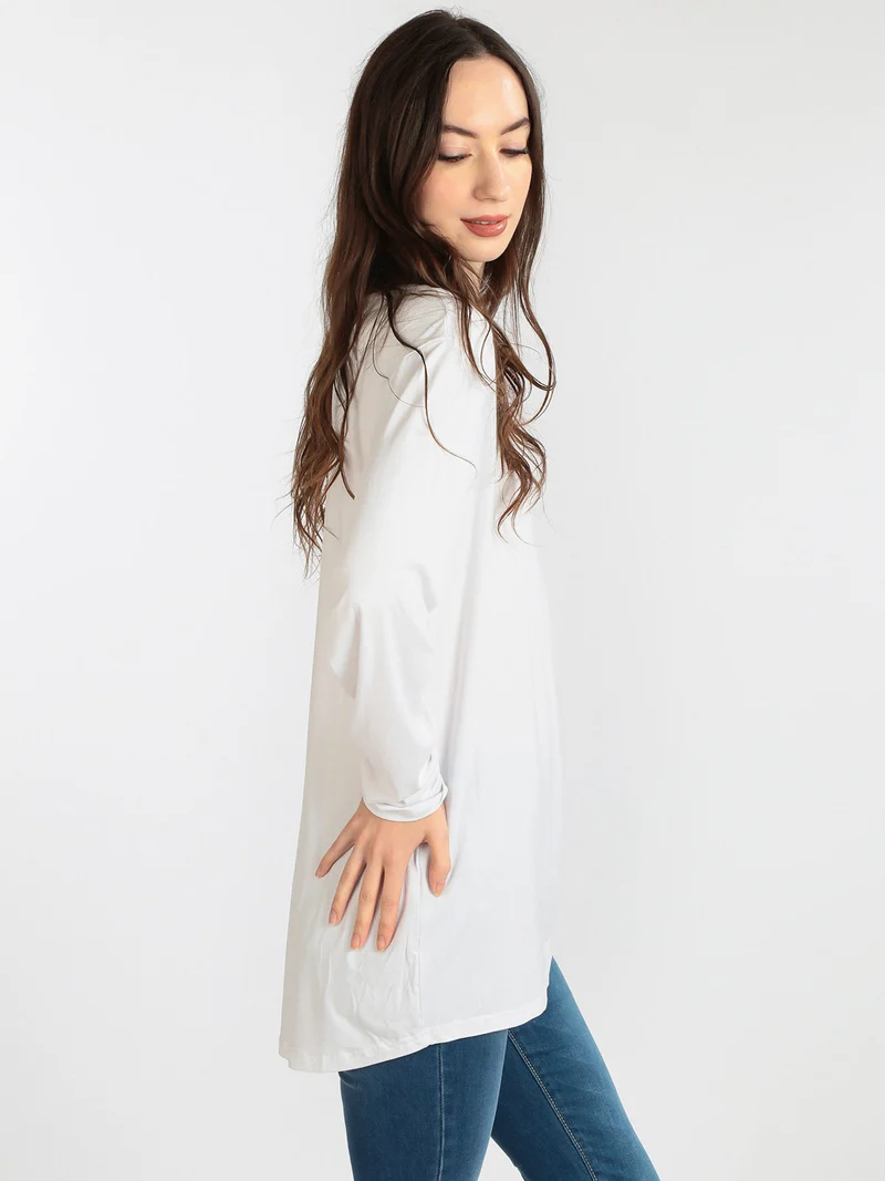 T-shirt da donna lunga con strass - bianco