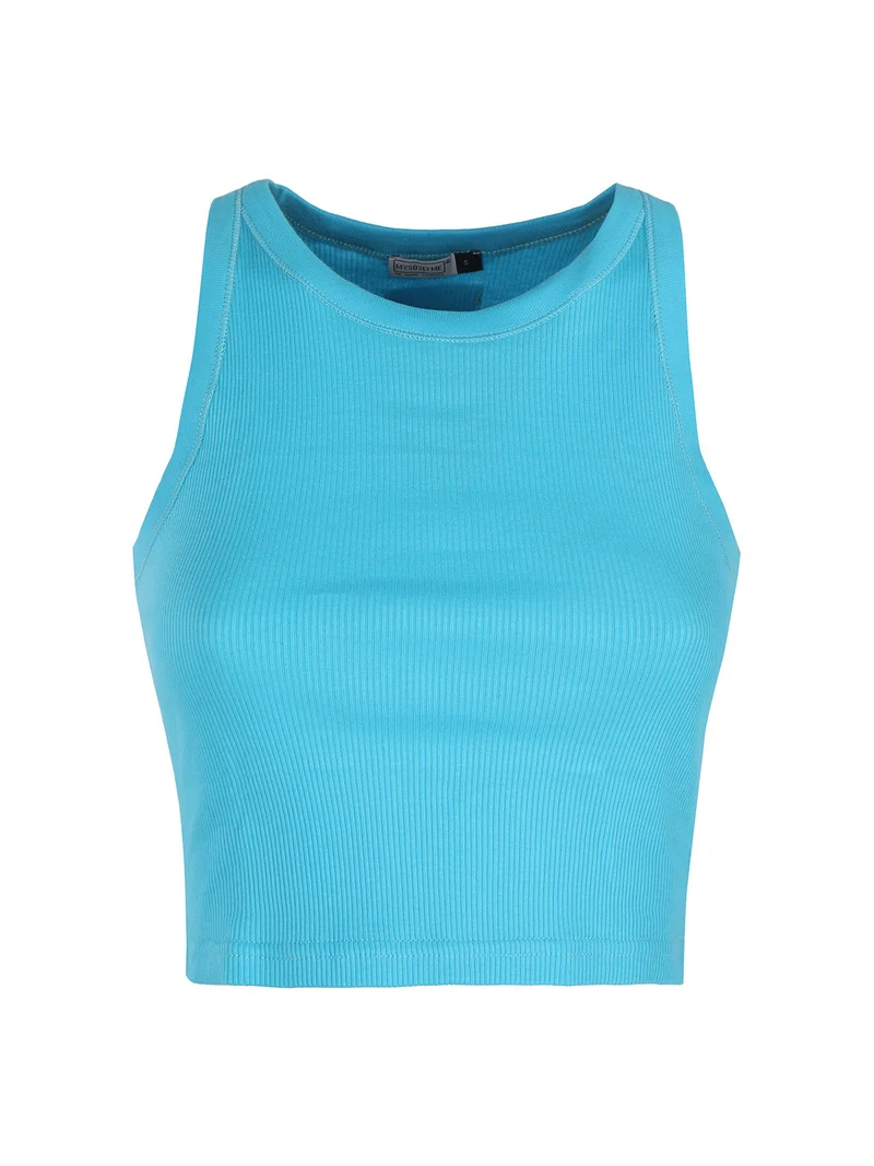 Canotta cropped da donna a costine - turchese