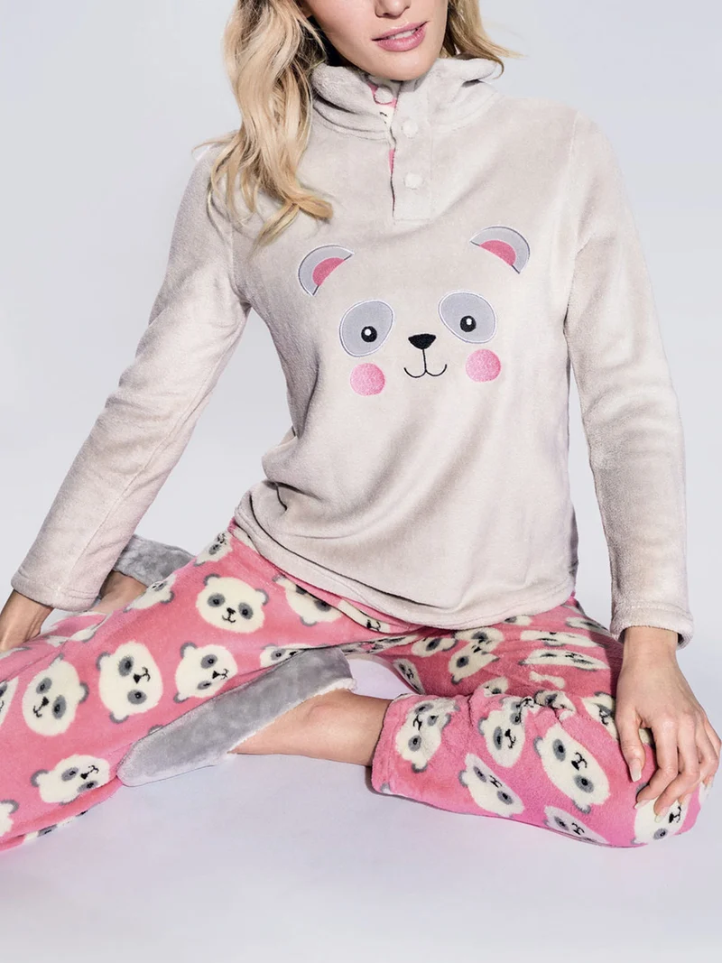 Pigiama donna in coral con stampa panda - fango