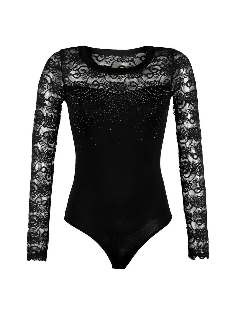 Body con maniche in pizzo e strass - nero