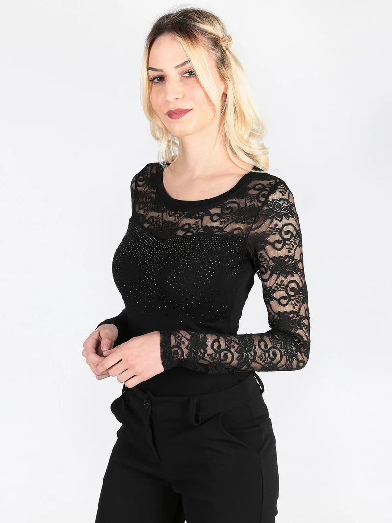Body con maniche in pizzo e strass - nero