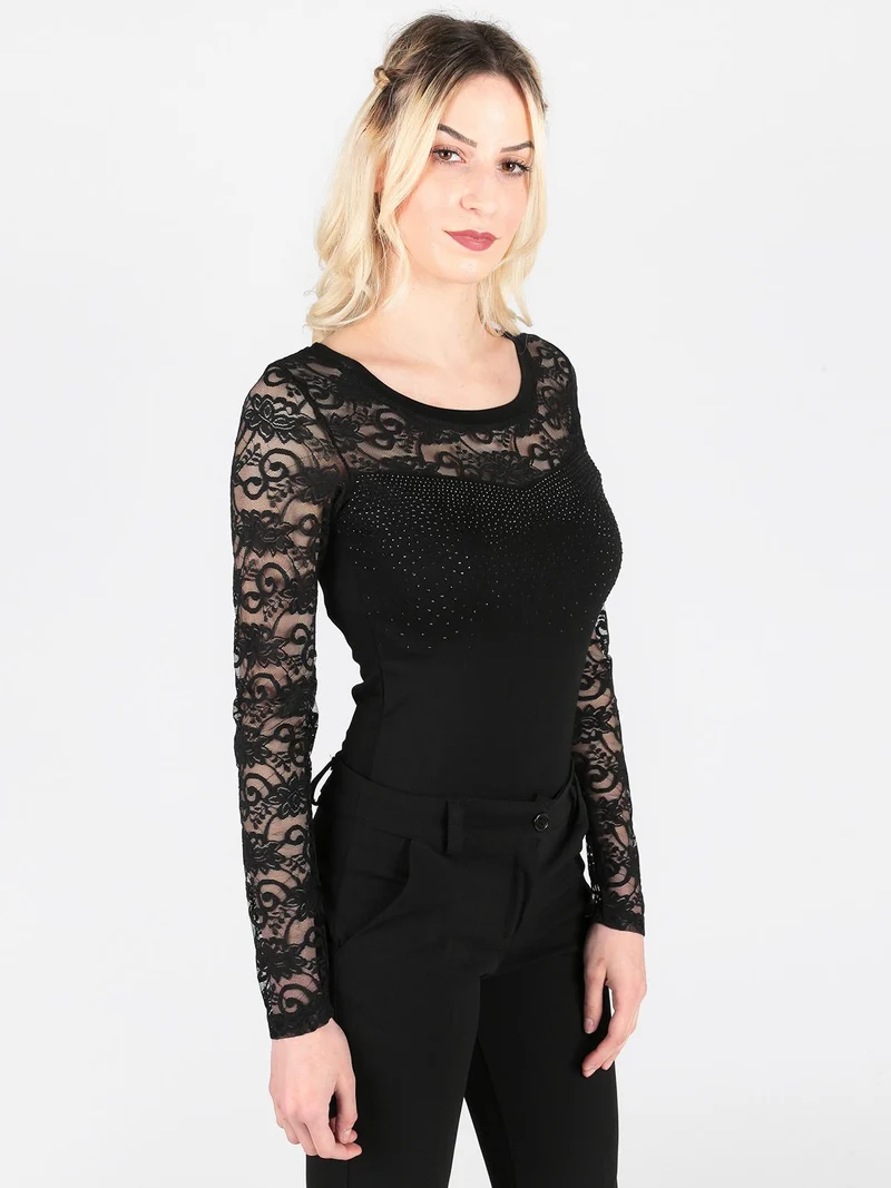 Body con maniche in pizzo e strass - nero