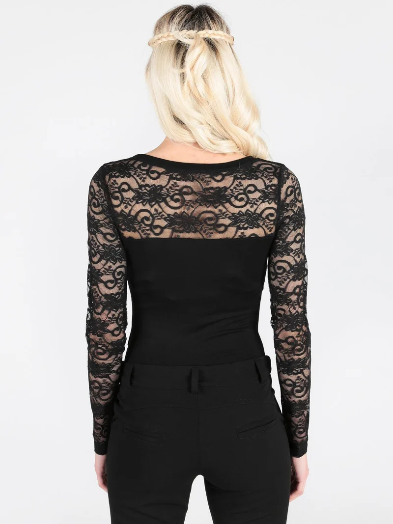 Body con maniche in pizzo e strass - nero