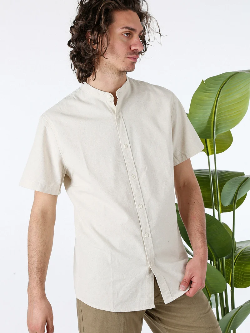 Camicia uomo misto lino e cotone a maniche corte con colletto alla coreana - beige