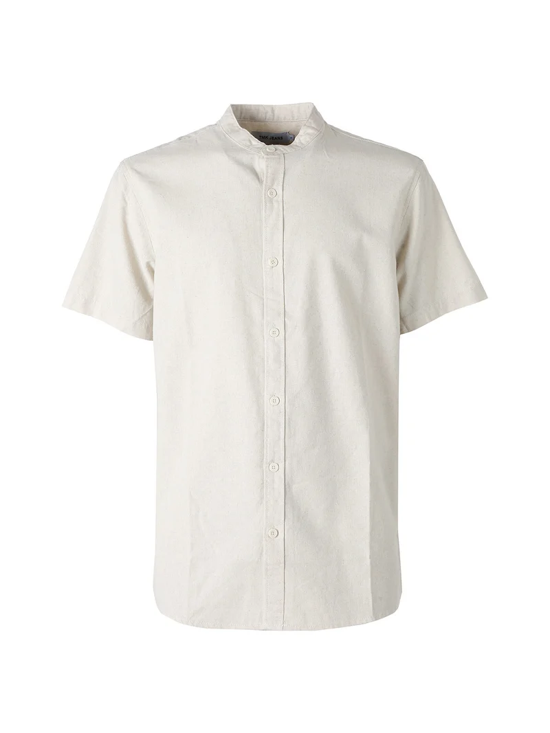 Camicia uomo misto lino e cotone a maniche corte con colletto alla coreana - beige