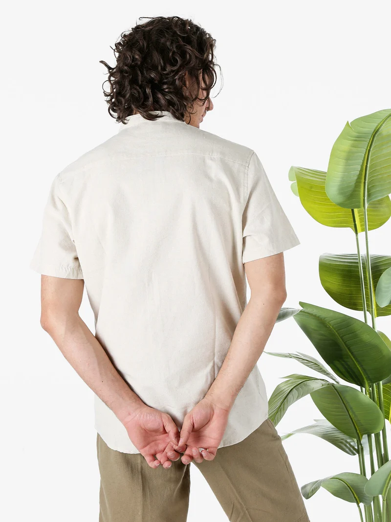 Camicia uomo misto lino e cotone a maniche corte con colletto alla coreana - beige