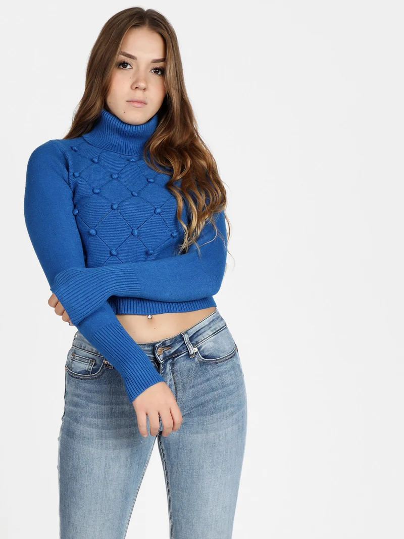 Maglione cropped donna a dolcevita - bluette