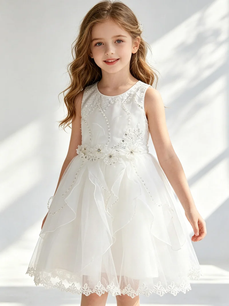 Abito da cerimonia per bambina con perle strass e ricami in pizzo - bianco