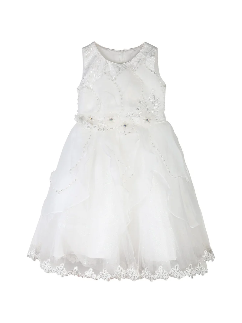 Abito da cerimonia per bambina con perle strass e ricami in pizzo - bianco