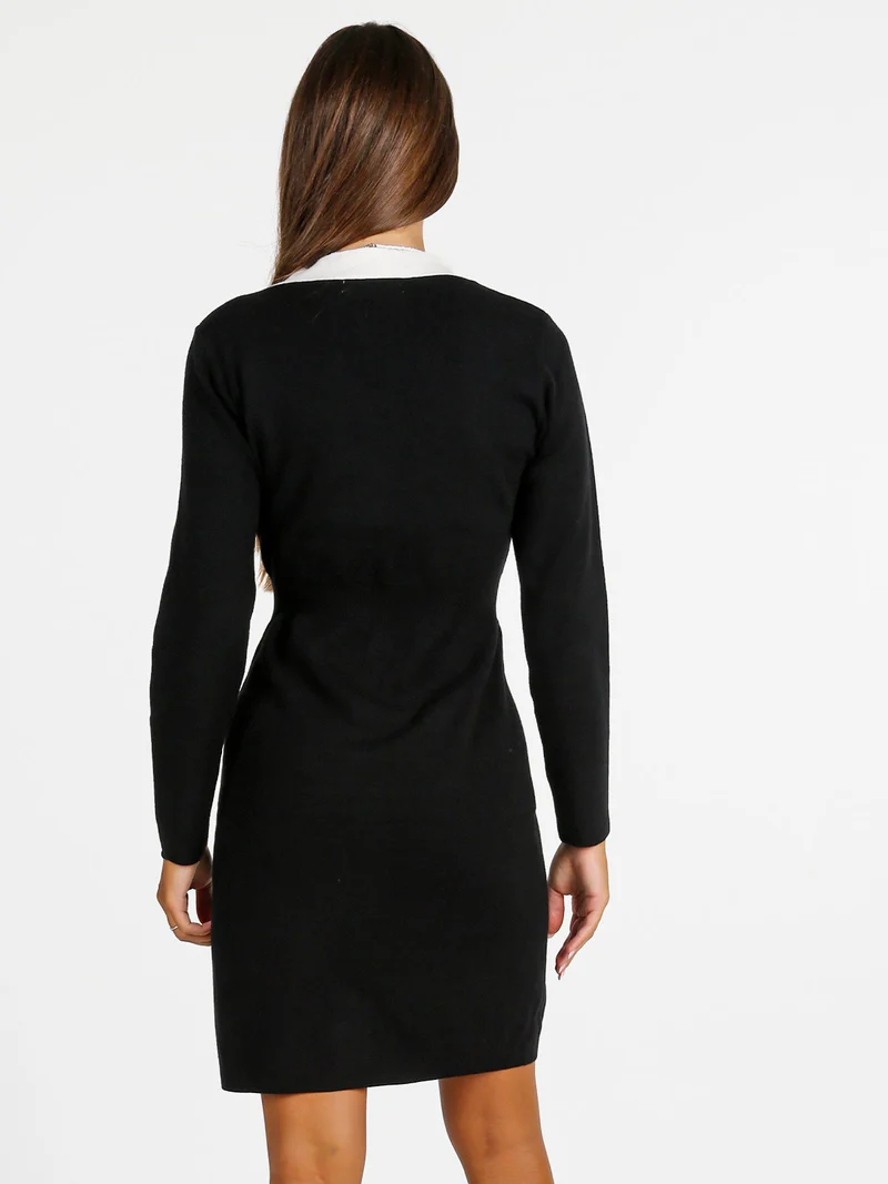 Abito donna in maglia a maniche lunghe con bottoni gioiello - nero