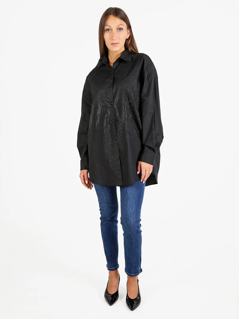 Camicia donna oversize con strass a maniche lunghe - nero