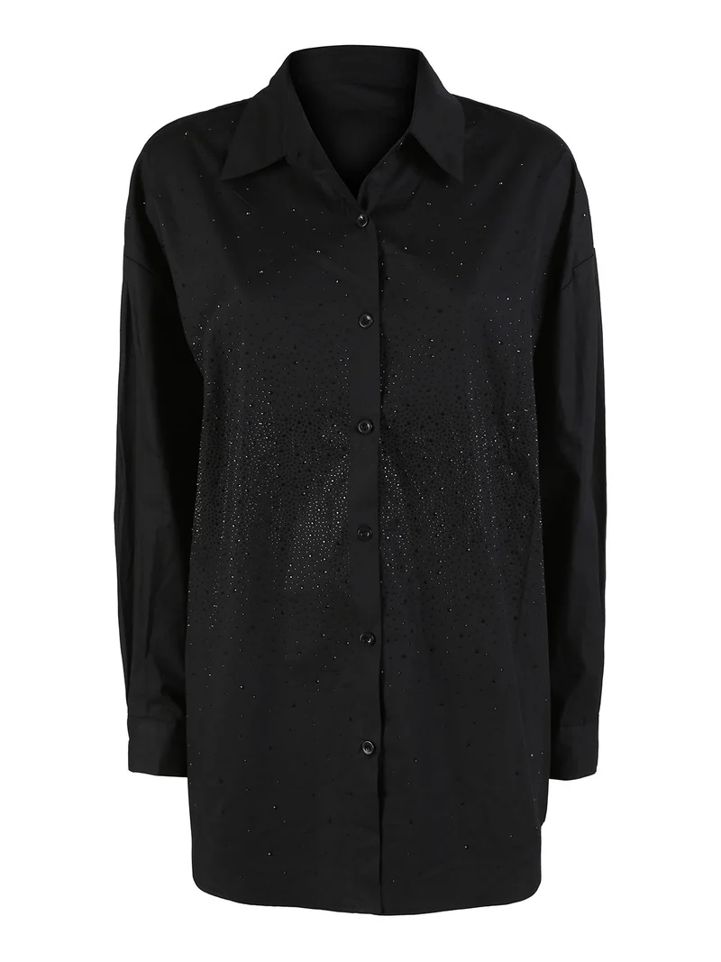 Camicia donna oversize con strass a maniche lunghe - nero