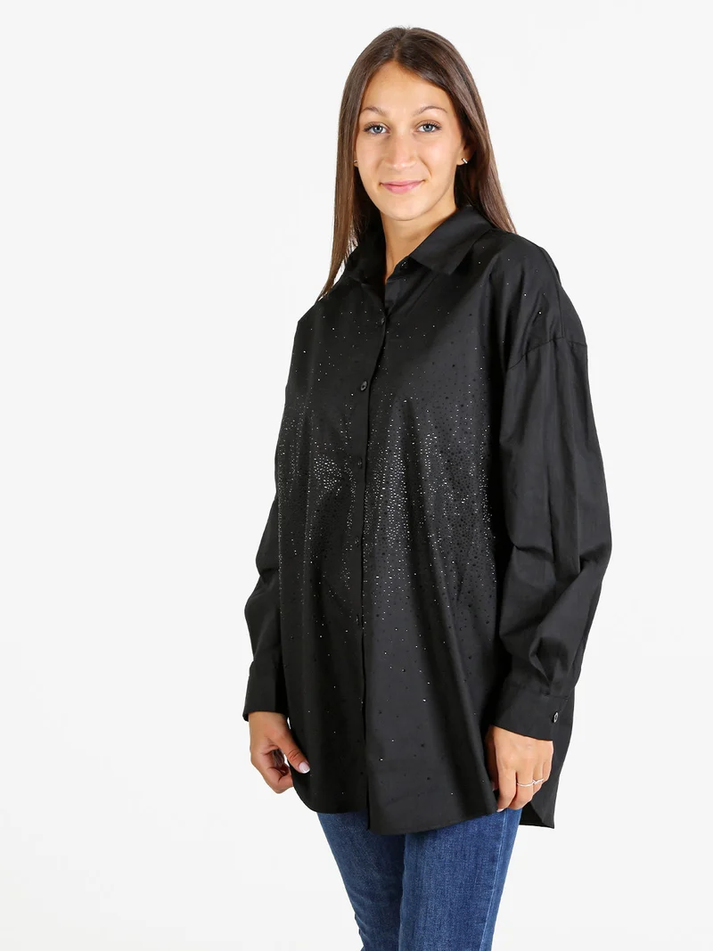 Camicia donna oversize con strass a maniche lunghe - nero