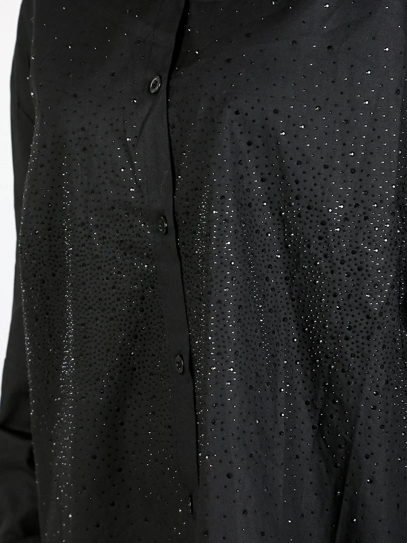 Camicia donna oversize con strass a maniche lunghe - nero