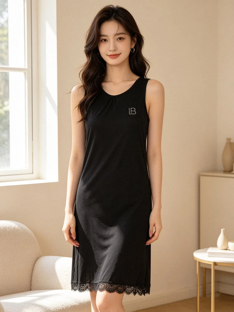 Camicia da notte senza maniche con pizzo - nero