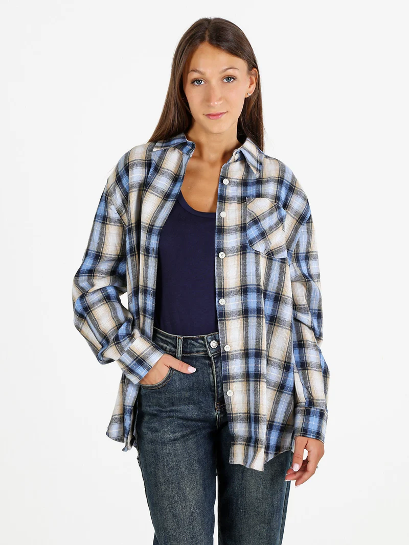 Camicia donna oversize a quadri con stampa orsacchiotto sul retro - blu