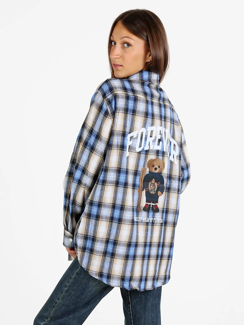 Camicia donna oversize a quadri con stampa orsacchiotto sul retro - blu