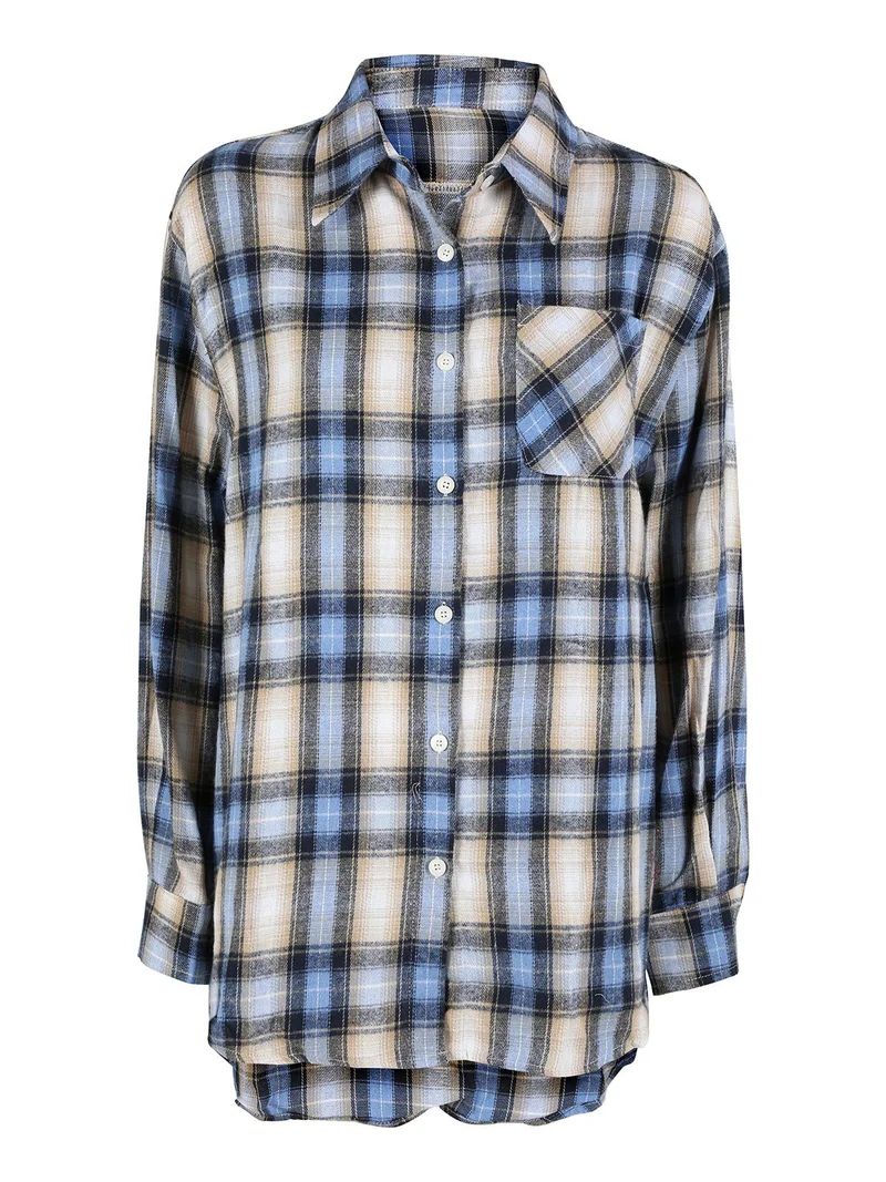 Camicia donna oversize a quadri con stampa orsacchiotto sul retro - blu