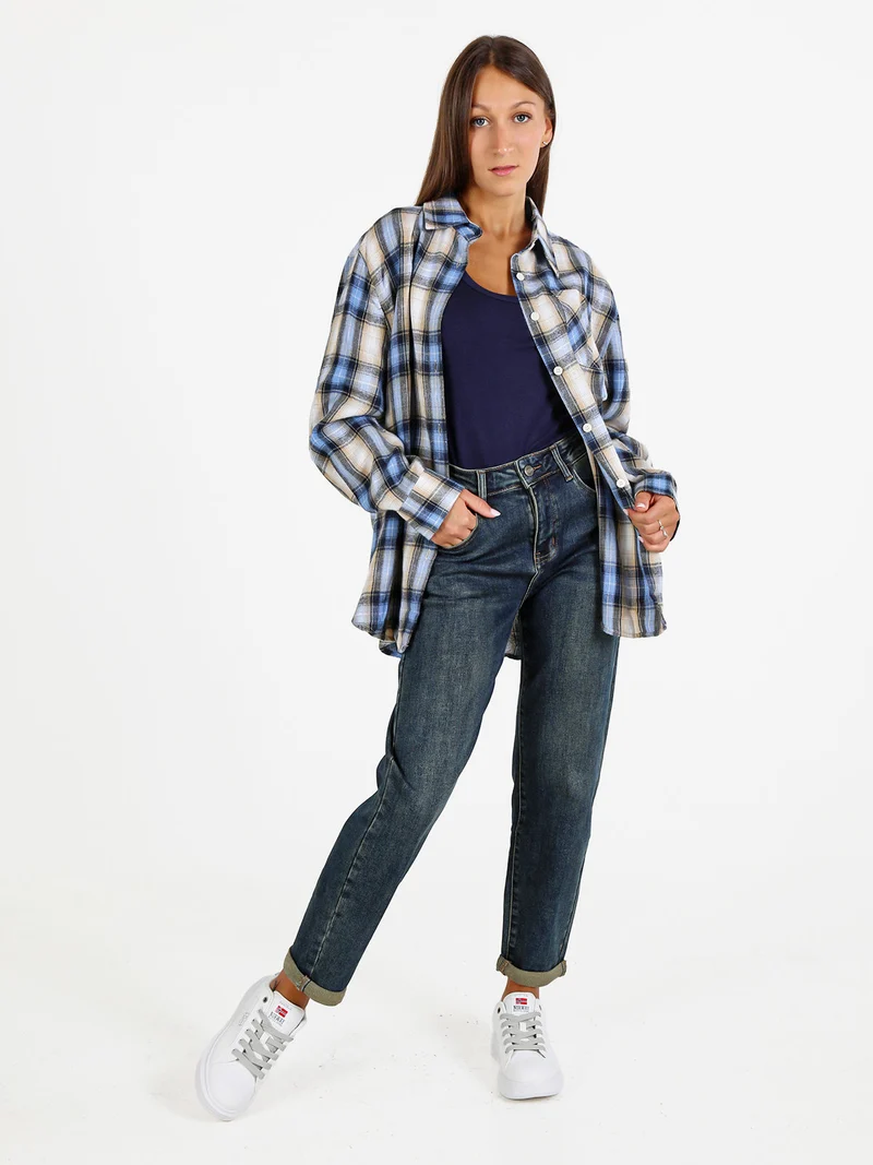 Camicia donna oversize a quadri con stampa orsacchiotto sul retro - blu