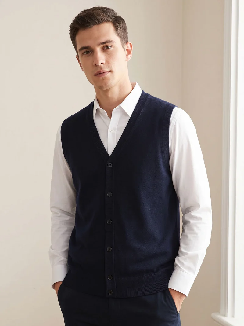 Gilet da uomo in maglia misto lana con bottoni - blu scuro