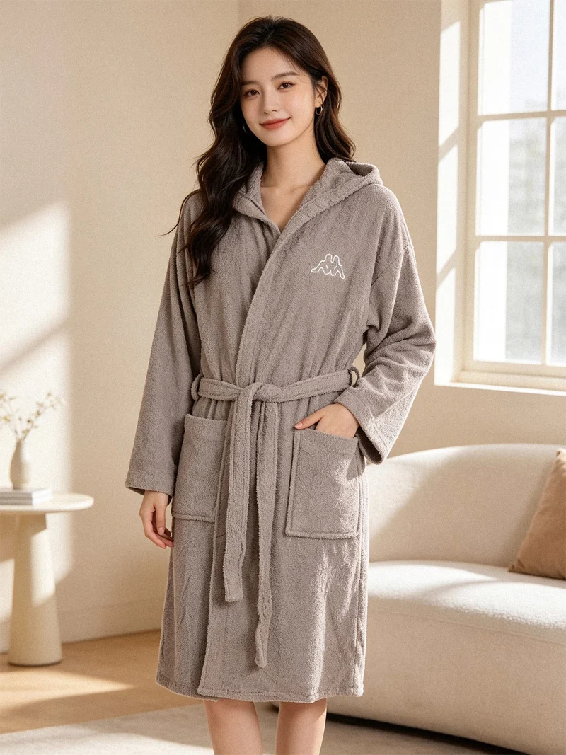 Accappatoio unisex in spugna con cappuccio - sabbia