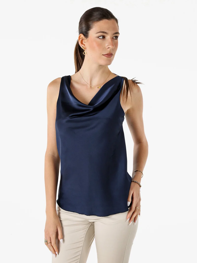 Top donna smanicato con scollo a cascata in tessuto effetto raso - blu scuro