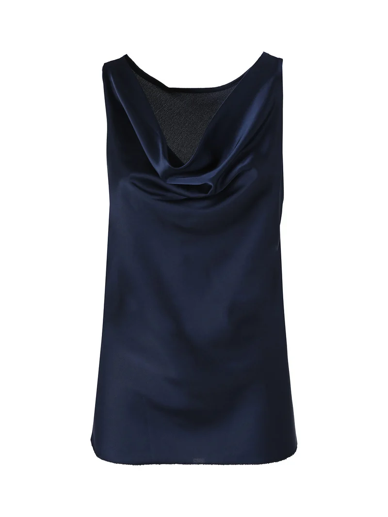 Top donna smanicato con scollo a cascata in tessuto effetto raso - blu scuro