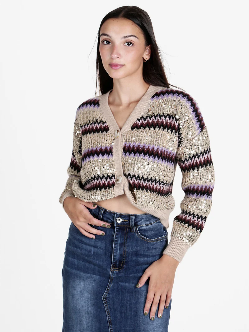 Cardigan donna crop con paillettes - marrone