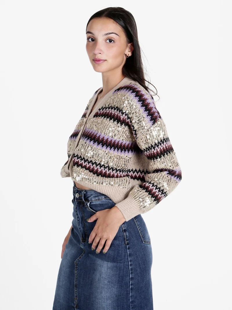 Cardigan donna crop con paillettes - marrone