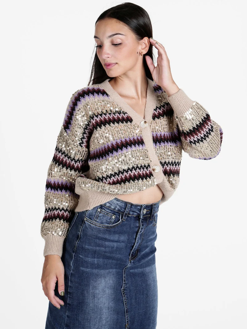 Cardigan donna crop con paillettes - marrone