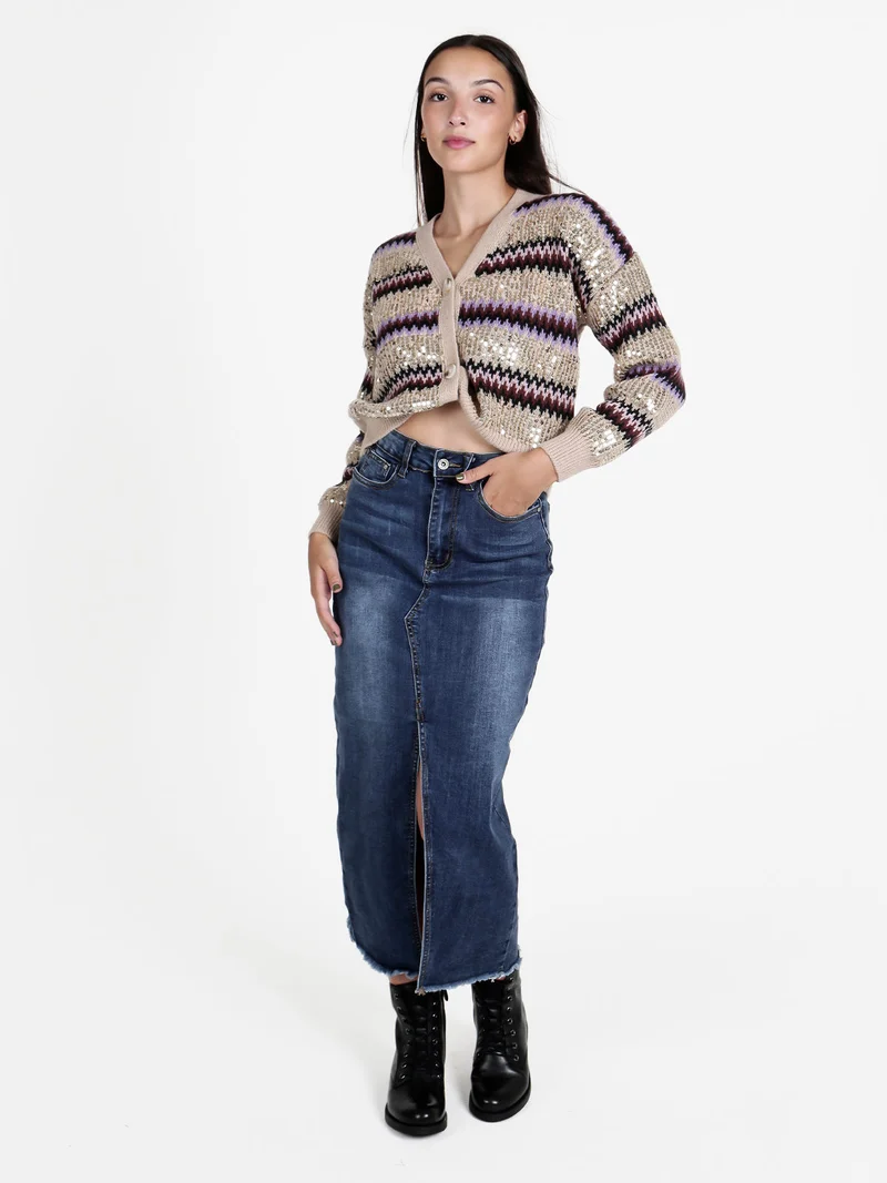 Cardigan donna crop con paillettes - marrone