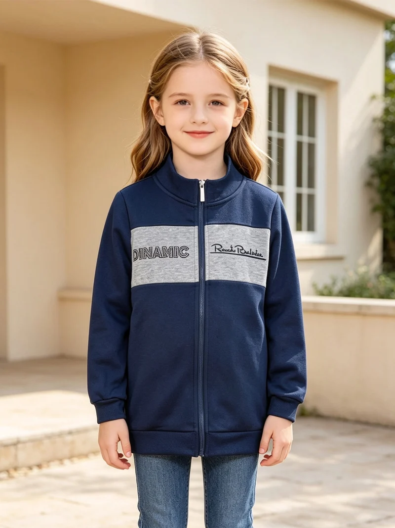 Felpa pesante da ragazza con zip - blu scuro