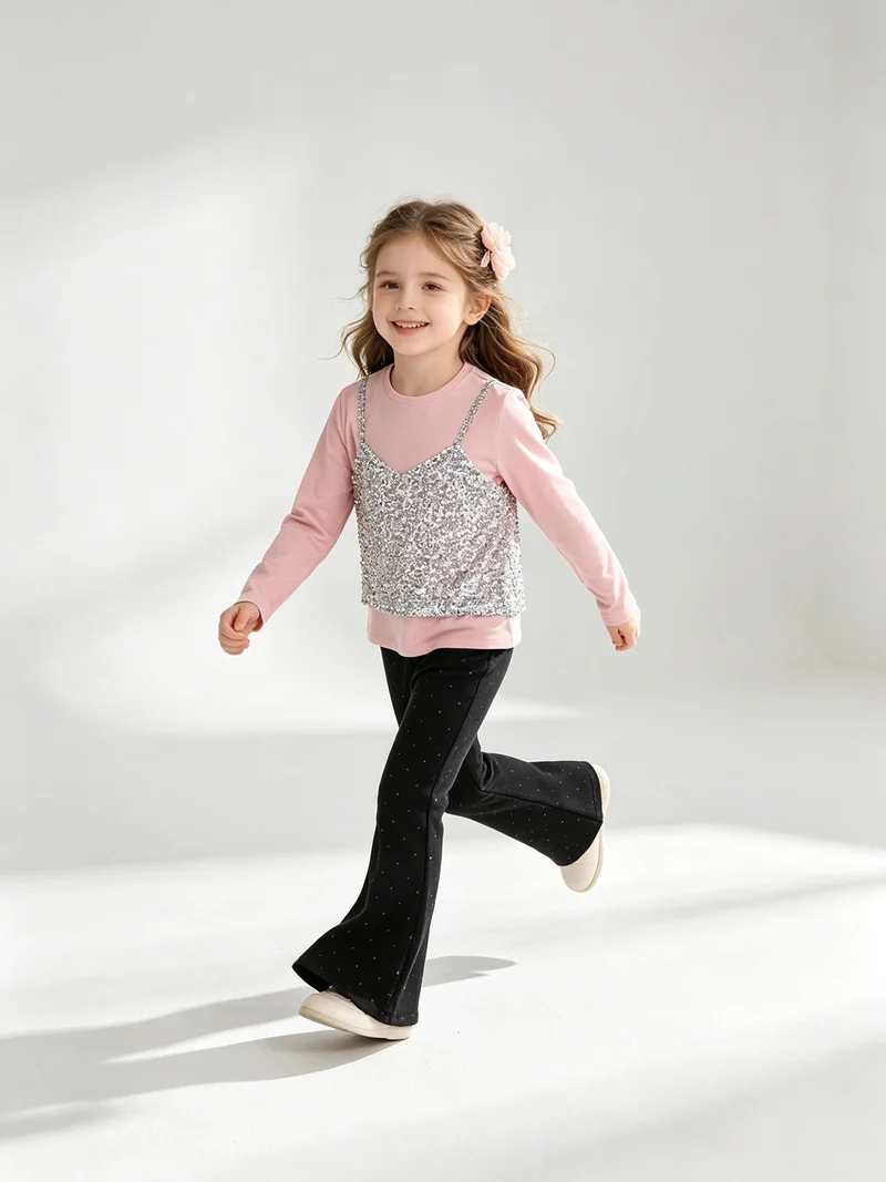 Completo elegante da bambina con paillettes e pantaloni a zampa - rosa