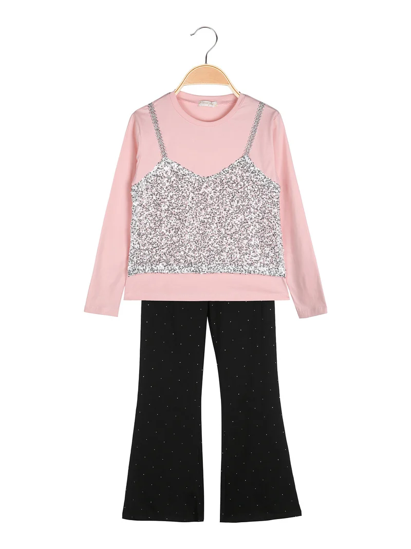 Completo elegante da bambina con paillettes e pantaloni a zampa - rosa