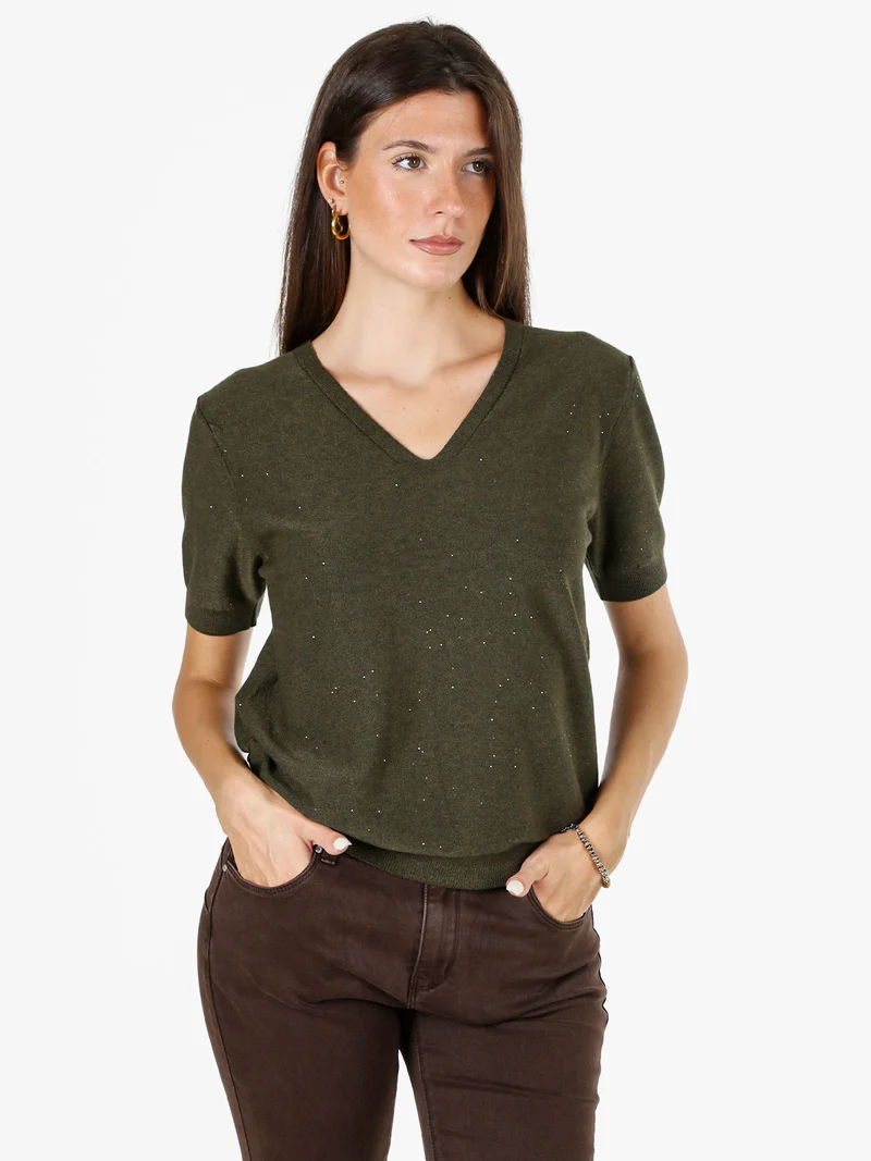 Maglia donna a maniche corte con scollo a V e mini paillettes - militare