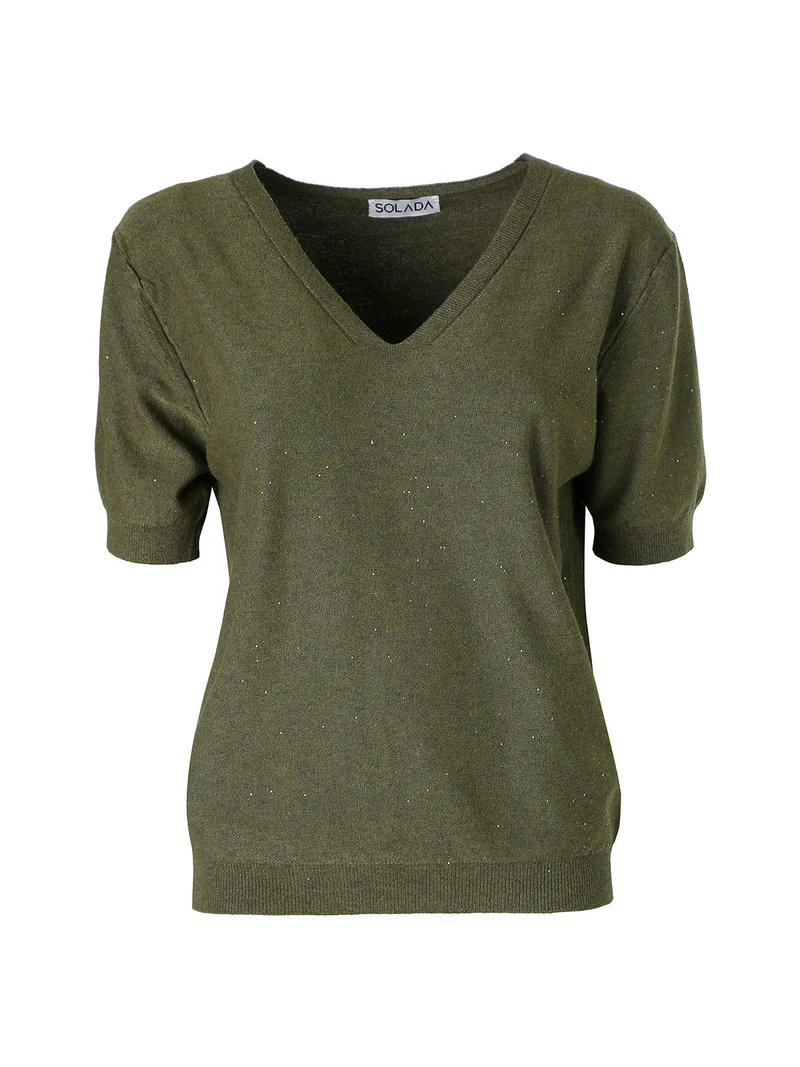 Maglia donna a maniche corte con scollo a V e mini paillettes - militare