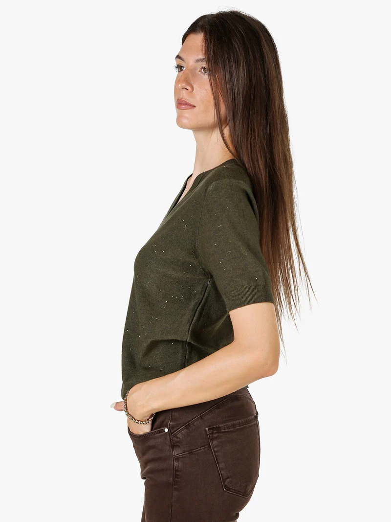 Maglia donna a maniche corte con scollo a V e mini paillettes - militare