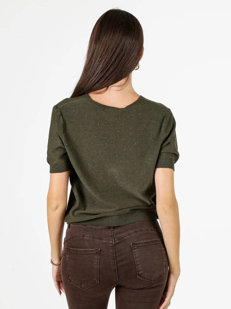 Maglia donna a maniche corte con scollo a V e mini paillettes - militare