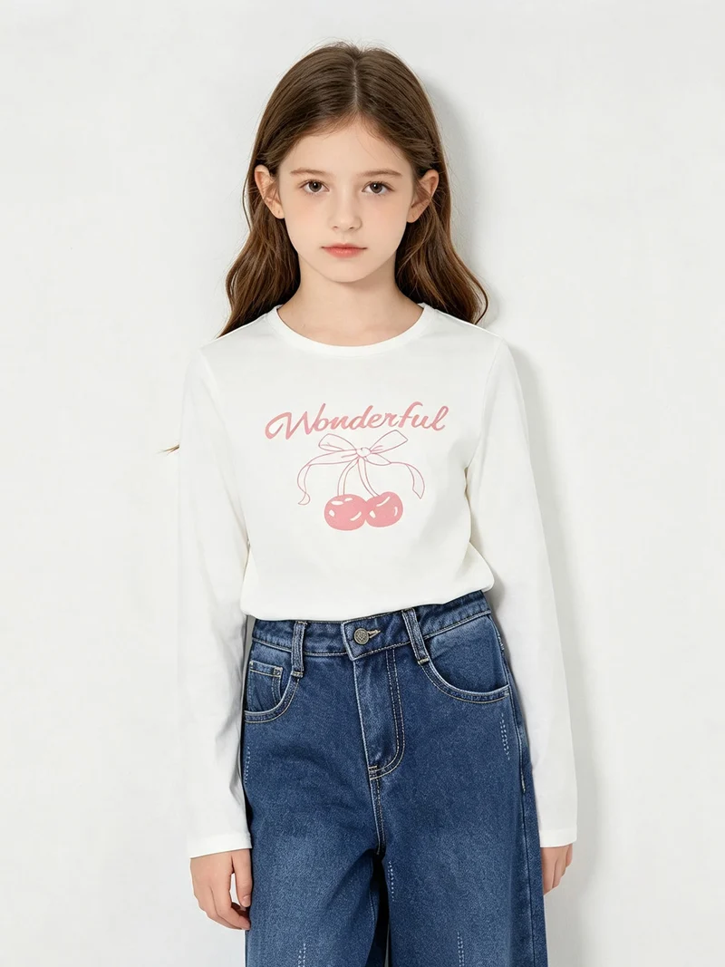 T-shirt girocollo da bambina a maniche lunghe con stampa - rosa