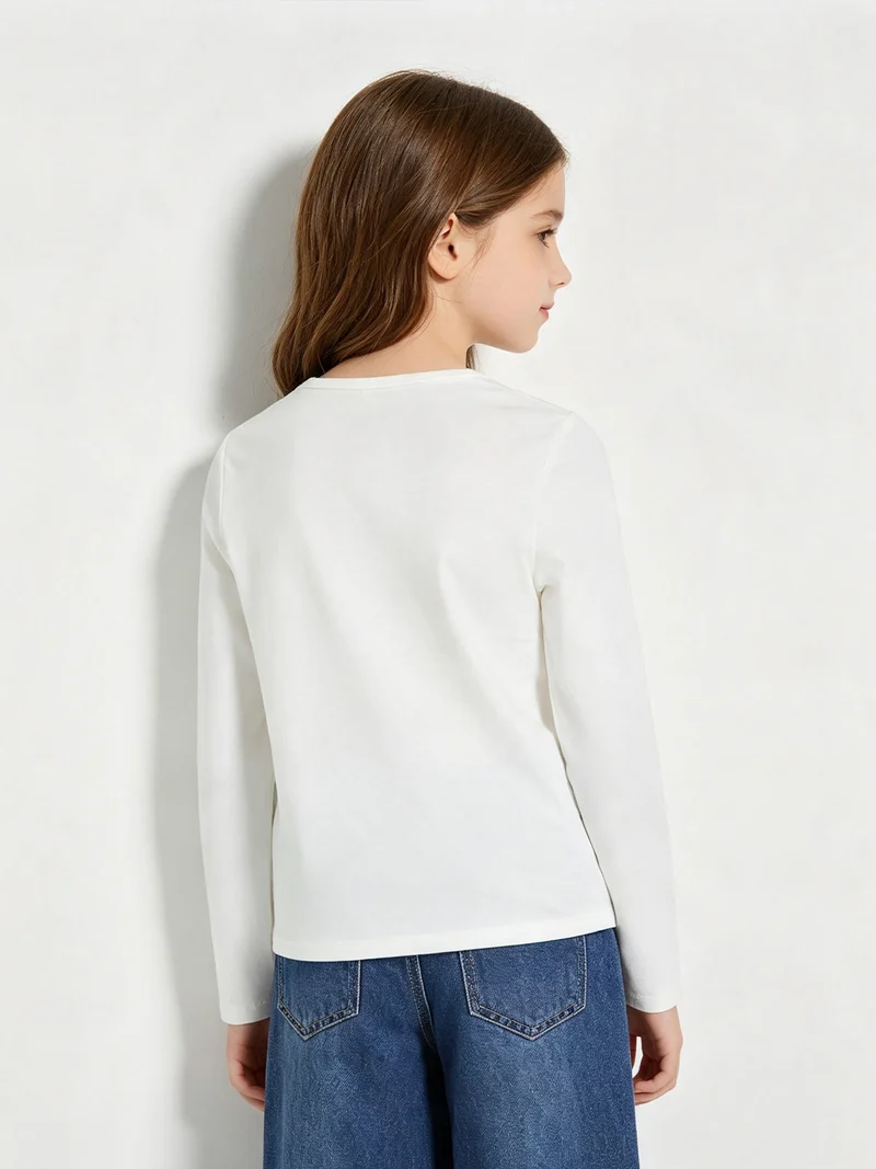 T-shirt girocollo da bambina a maniche lunghe con stampa - rosa