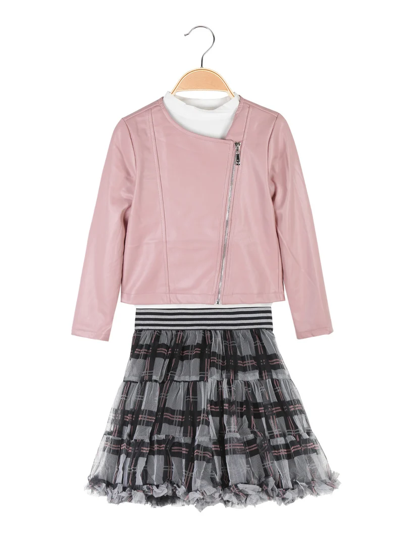 Completo da bambina 3 pezzi con gonna e giacca in ecopelle - rosa