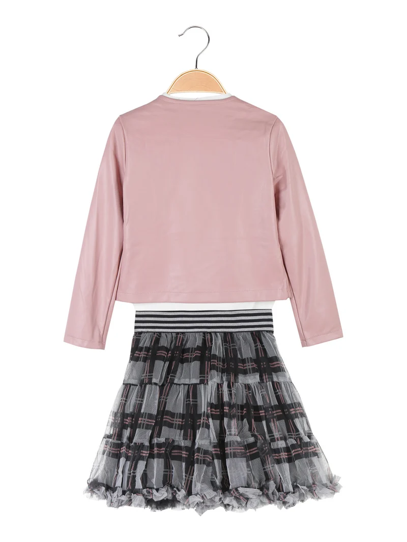 Completo da bambina 3 pezzi con gonna e giacca in ecopelle - rosa
