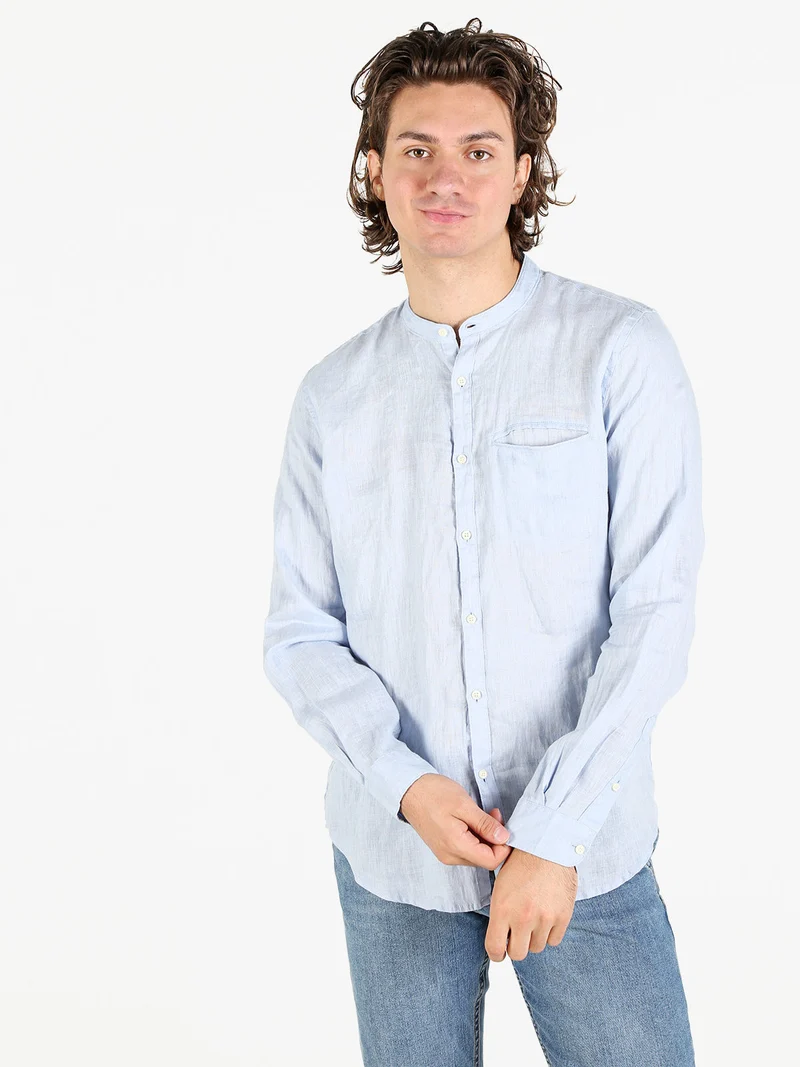 Camicia in lino da uomo alla coreana con maniche lunghe - azzurro