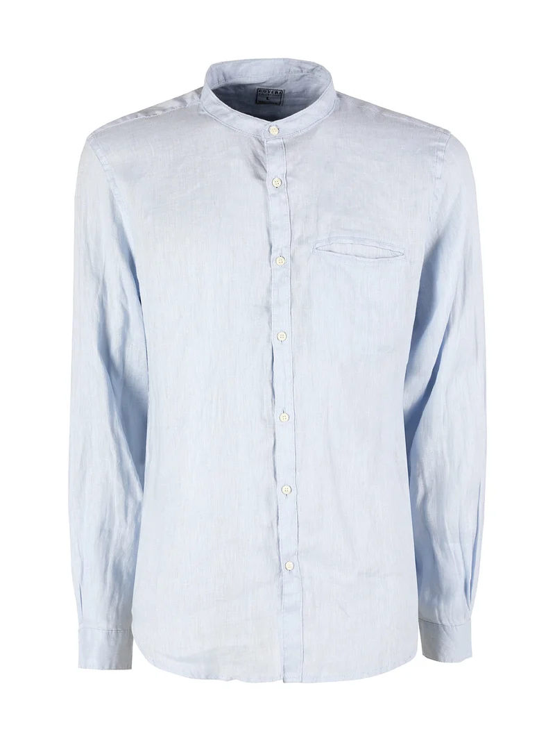 Camicia in lino da uomo alla coreana con maniche lunghe - azzurro